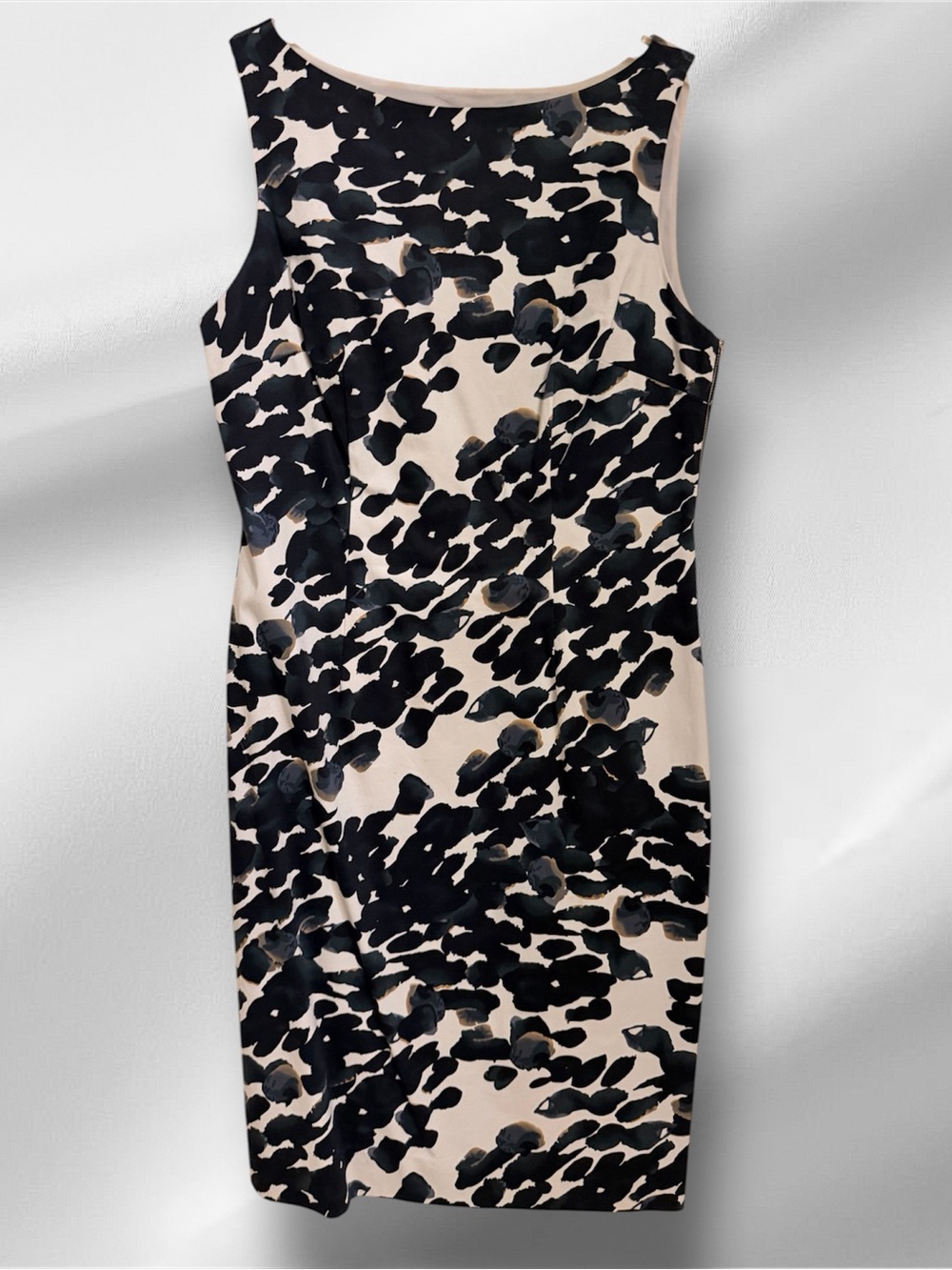 Ann Taylor Black & Cream Abstract Print Midi Sheath Dress, Side Zip, Lined, Sz 6